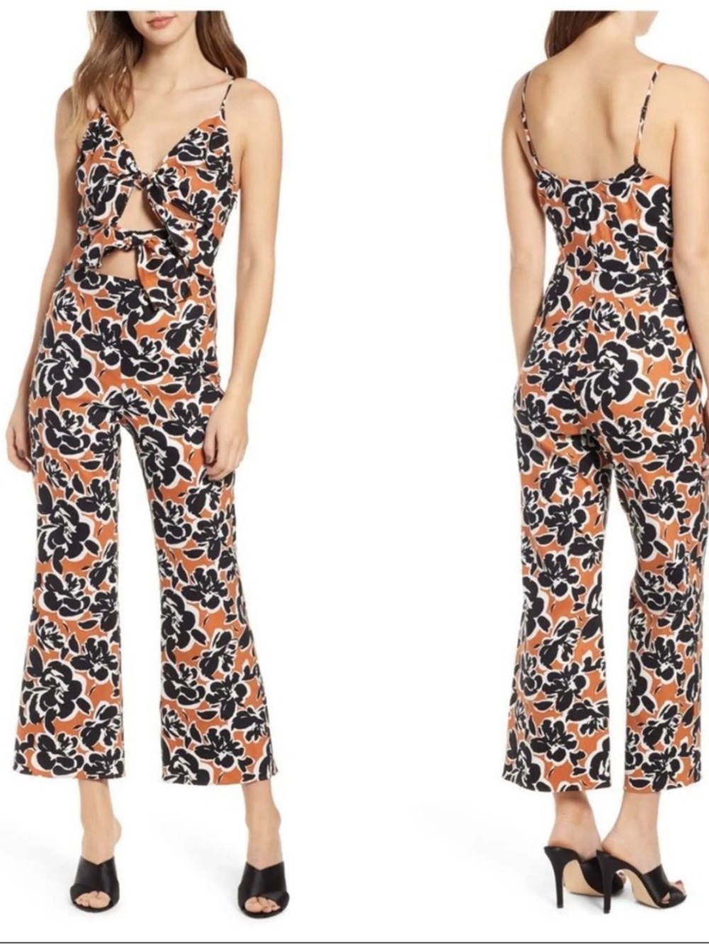 Leith Orange & Black Floral Twist Cutout Linen Jumpsuit